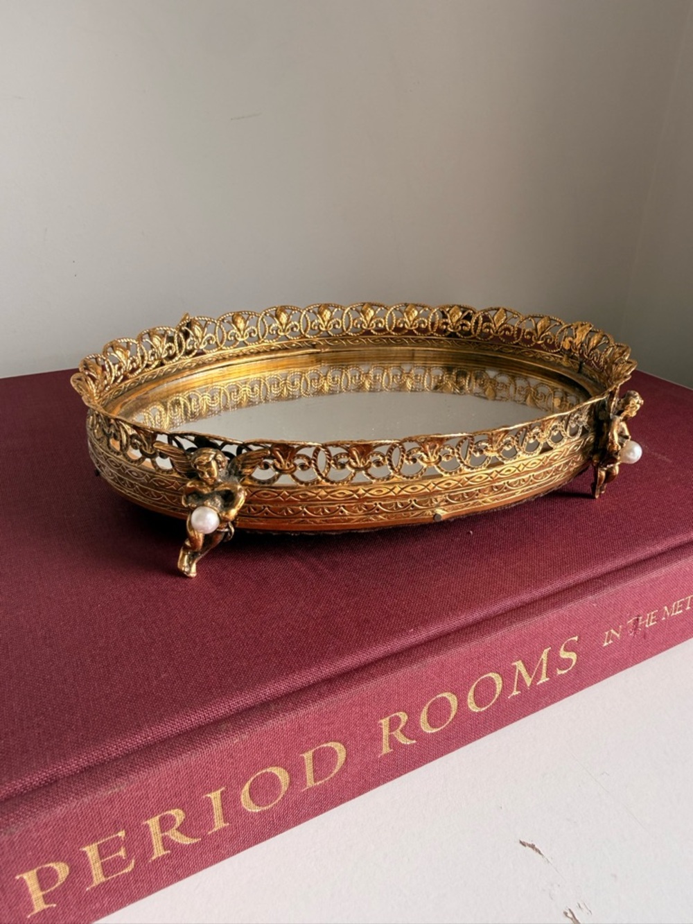 Gold Ornate Mirrored Vanity Tray with Pearl Feet